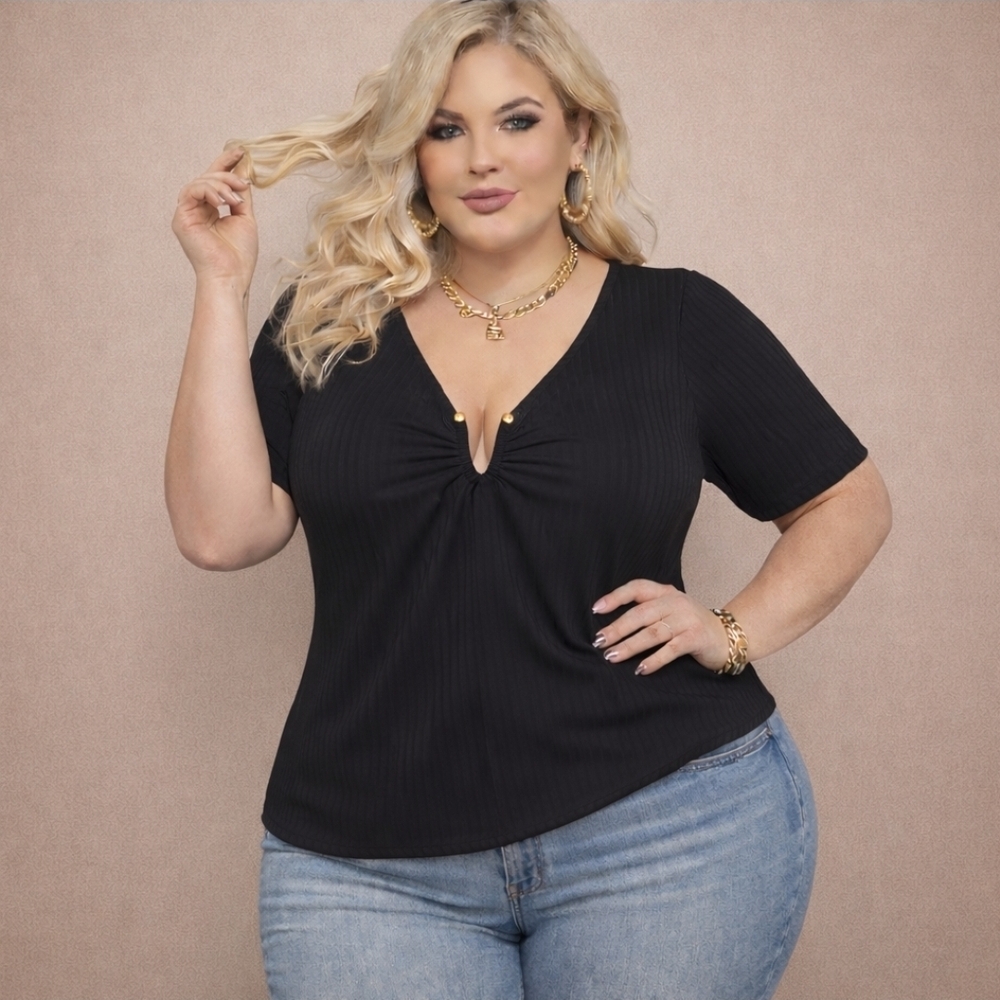 Shein Curve | Black Ribbed Knit V-Neck w/ Gold Adjustable U-Hook Detail | 3XL